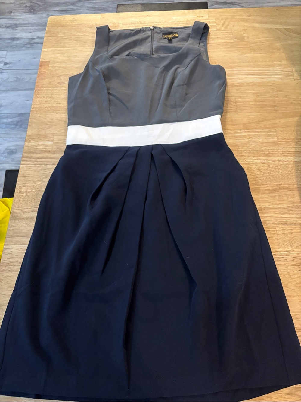 Navy and Gray Fit-and-Flare Dress with White Waistband and Pockets